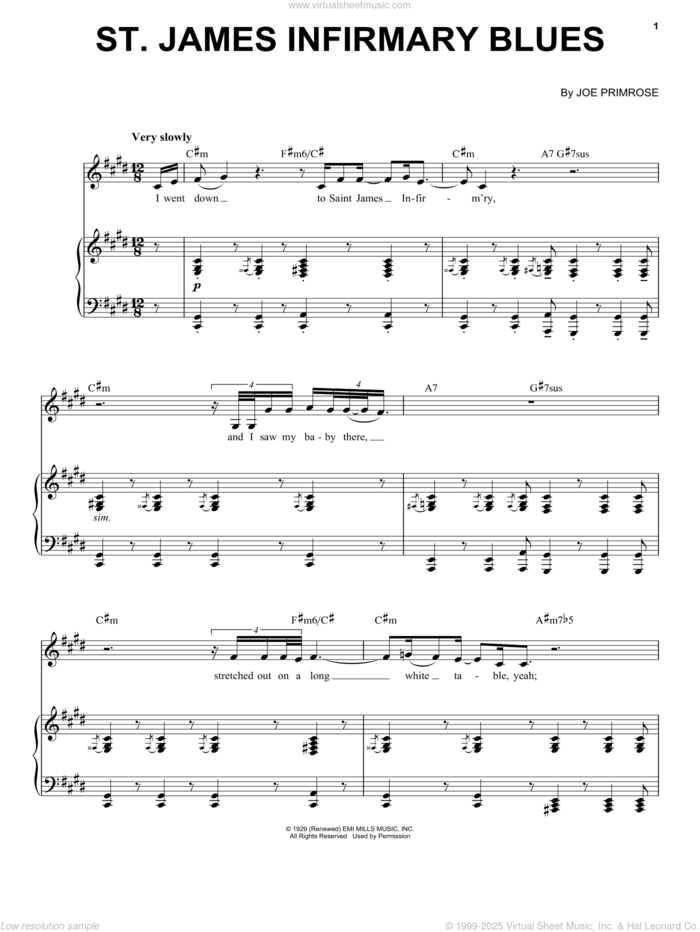 Saint James Infirmary Blues sheet music for voice, piano or guitar by Jon Batiste and Joe Primrose, intermediate skill level