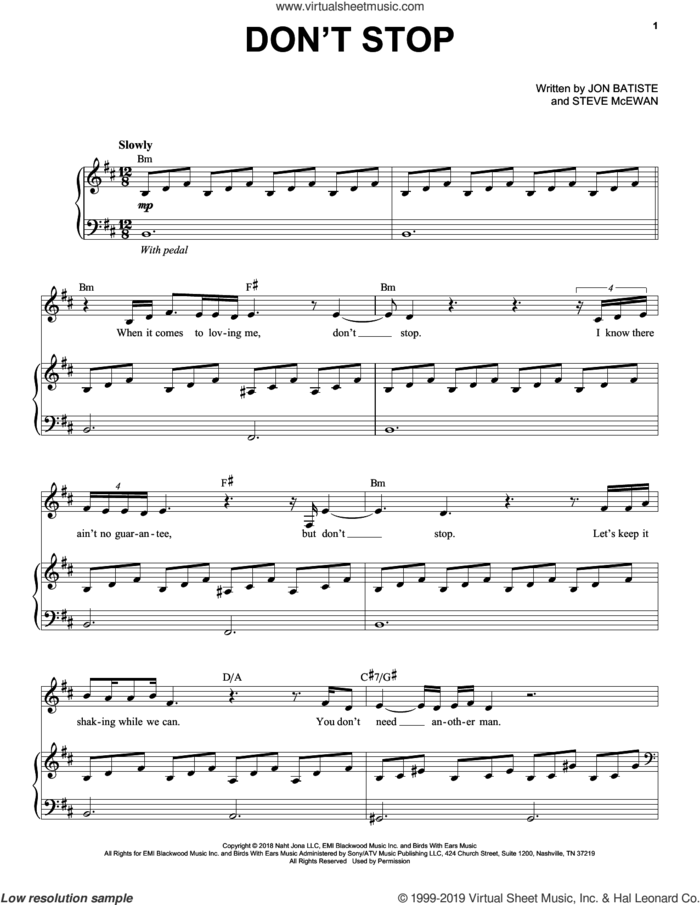 Don't Stop sheet music for voice, piano or guitar by Jon Batiste and Steve McEwan, intermediate skill level