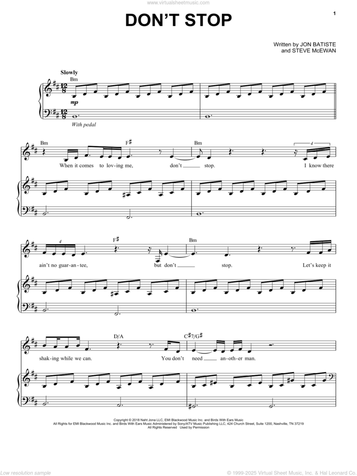 Don't Stop sheet music for voice, piano or guitar by Jon Batiste and Steve McEwan, intermediate skill level