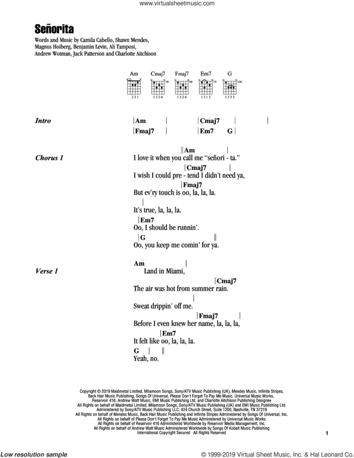 Senorita sheet music for guitar (chords) by Shawn Mendes and Camila Cabello and Shawn Mendes & Camila Cabello, Ali Tamposi, Andrew Wotman, Benjamin Levin, Camila Cabello, Charlotte Aitchison, Jack Patterson, Magnus Hoiberg and Shawn Mendes, intermediate skill level