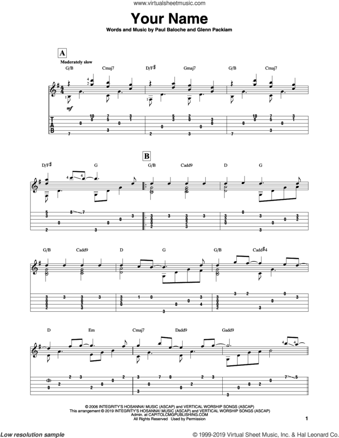 Your Name sheet music for guitar solo by Paul Baloche and Glenn Packiam, intermediate skill level