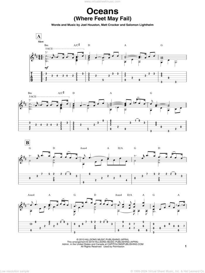 Oceans (Where Feet May Fail) sheet music for guitar solo by Hillsong United, Joel Houston, Matt Crocker and Salomon Lighthelm, intermediate skill level