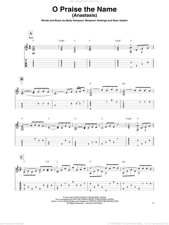 O Praise The Name (Anastasis) sheet music for guitar solo by Hillsong Worship, Benjamin Hastings, Dean Ussher and Marty Sampson, intermediate skill level