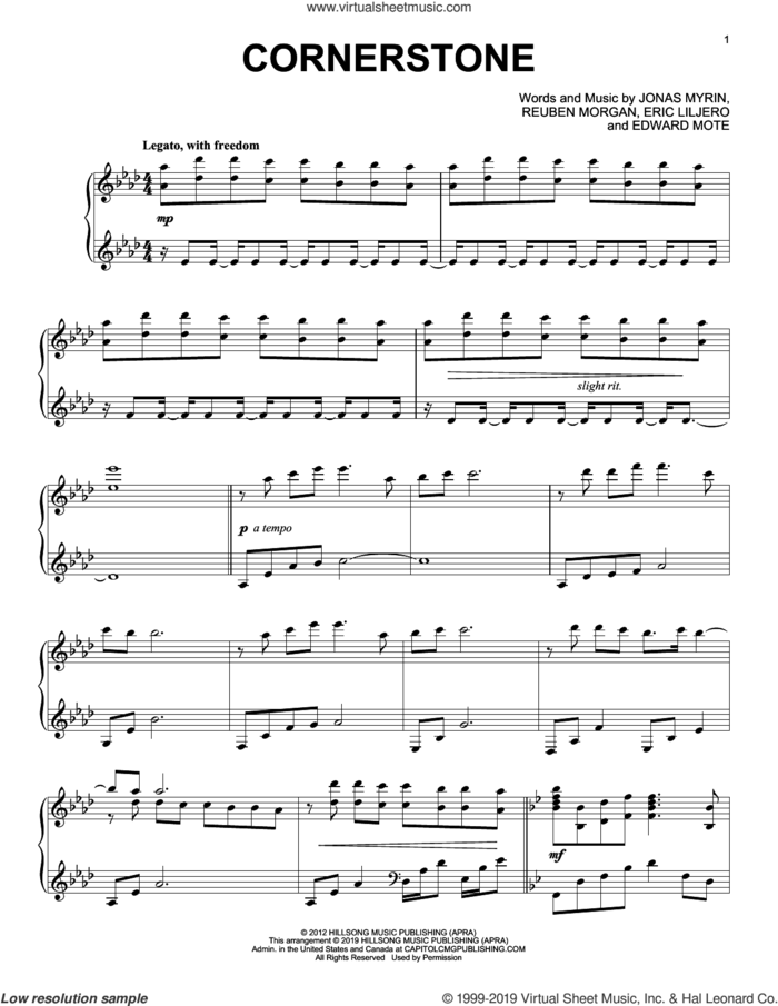 Cornerstone, (intermediate) sheet music for piano solo by Hillsong Live, Eric Liljero, Jonas Myrin and Reuben Morgan, intermediate skill level