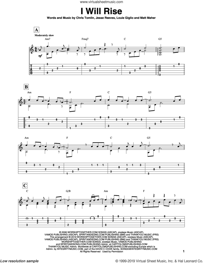 I Will Rise sheet music for guitar solo by Chris Tomlin, Jesse Reeves, Louis Giglio and Matt Maher, intermediate skill level