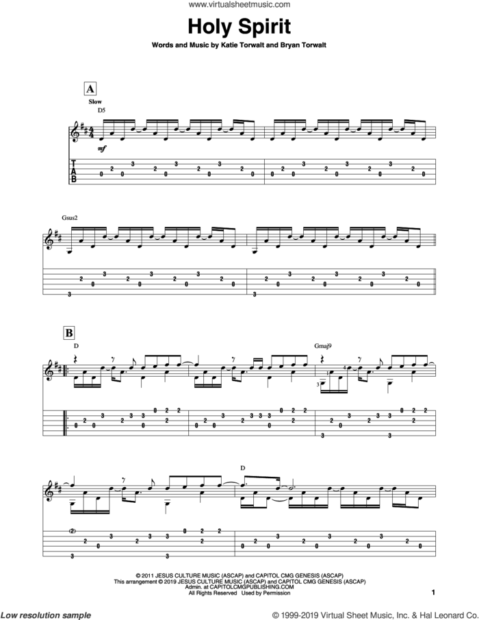 Holy Spirit sheet music for guitar solo by Francesca Battistelli, Bryan Torwalt and Katie Torwalt, intermediate skill level