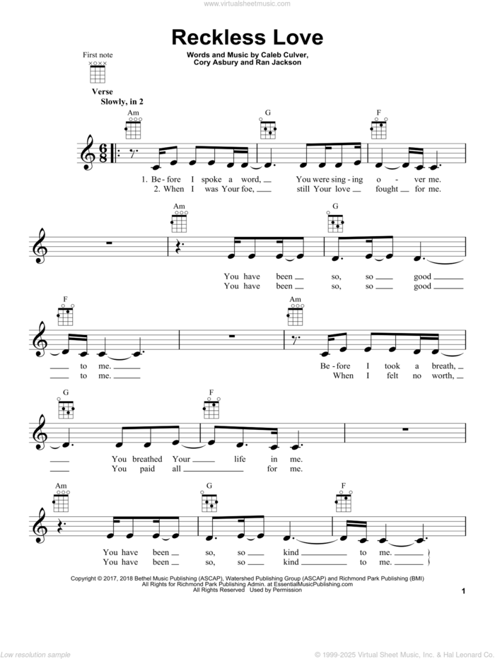 Reckless Love sheet music for ukulele by Cory Asbury, Bethel Music, Caleb Culver and Ran Jackson, intermediate skill level