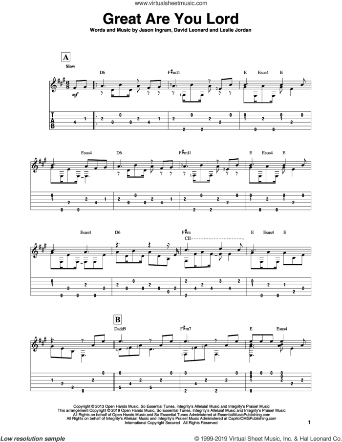 Great Are You Lord sheet music for guitar solo by All Sons & Daughters, David Leonard, Jason Ingram and Leslie Jordan, intermediate skill level