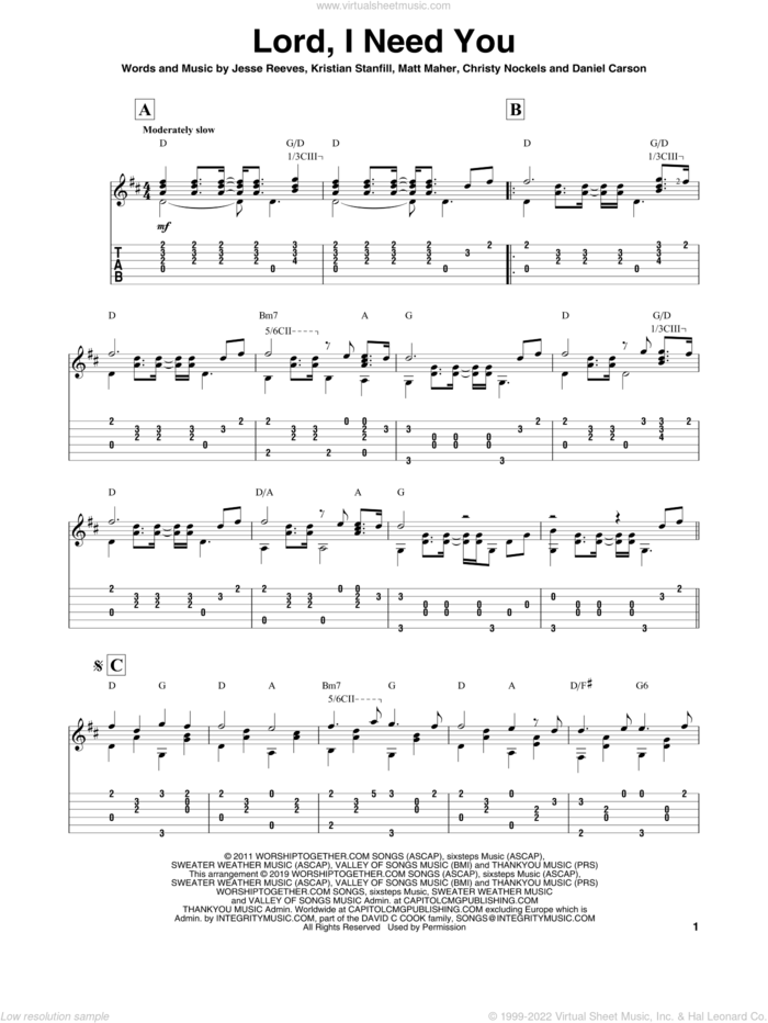 Lord, I Need You sheet music for guitar solo by Matt Maher, Chris Tomlin, Passion, Passion & Chris Tomlin, Christy Nockels, Daniel Carson, Jesse Reeves and Kristian Stanfill, intermediate skill level