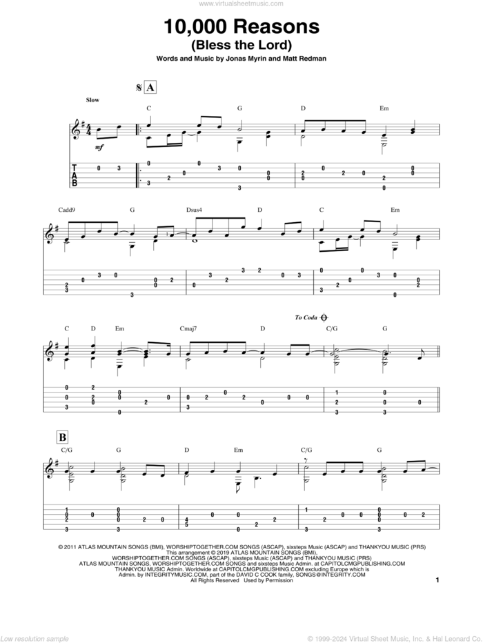 10,000 Reasons (Bless The Lord) sheet music for guitar solo by Matt Redman and Jonas Myrin, intermediate skill level