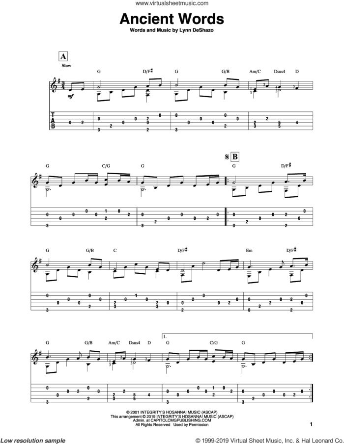 Ancient Words sheet music for guitar solo by Lynn DeShazo, intermediate skill level