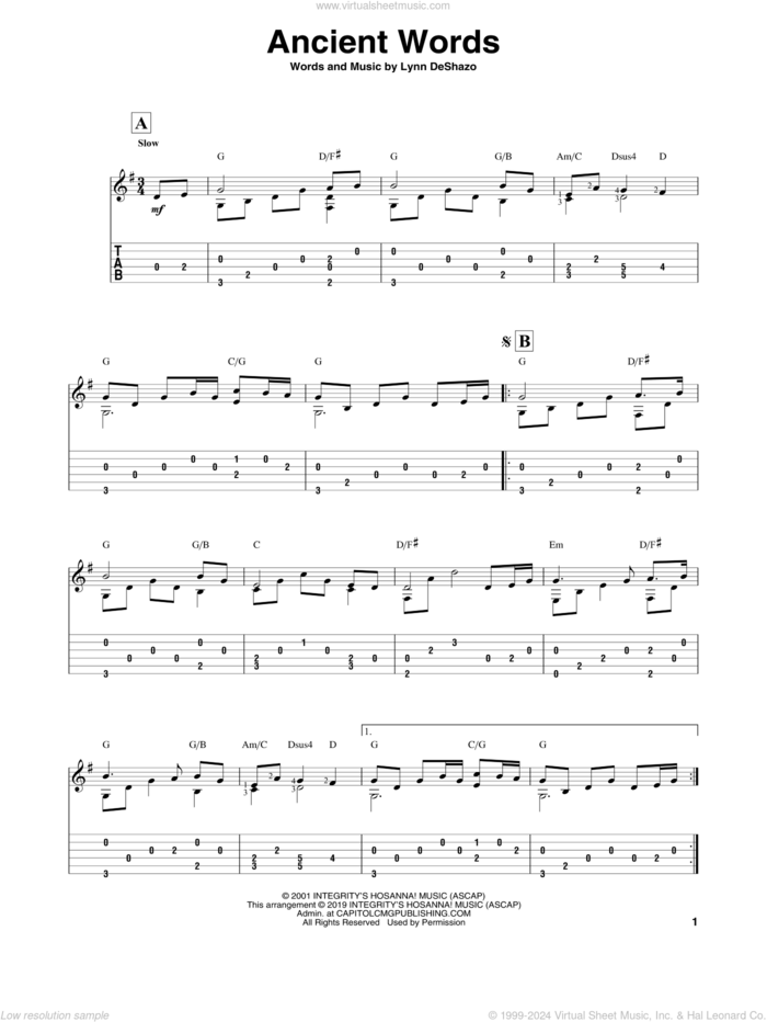 Ancient Words sheet music for guitar solo by Lynn DeShazo, intermediate skill level