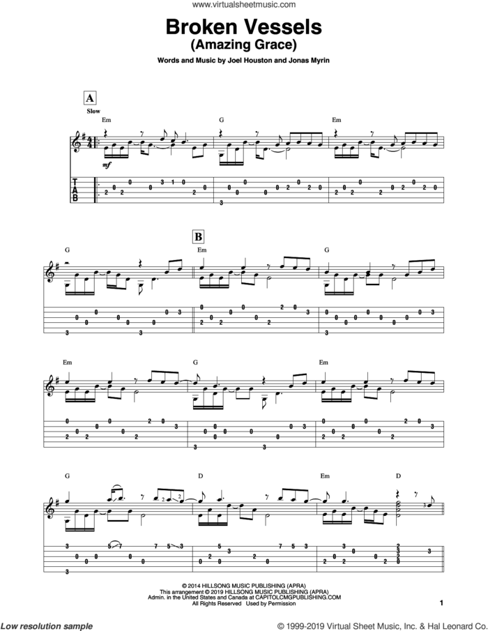 Broken Vessels (Amazing Grace) sheet music for guitar solo by Hillsong Worship, Joel Houston and Jonas Myrin, intermediate skill level