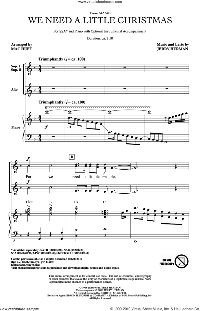We Need A Little Christmas (from Mame) (arr. Mac Huff) sheet music for choir (SSA: soprano, alto) by Jerry Herman and Mac Huff, intermediate skill level