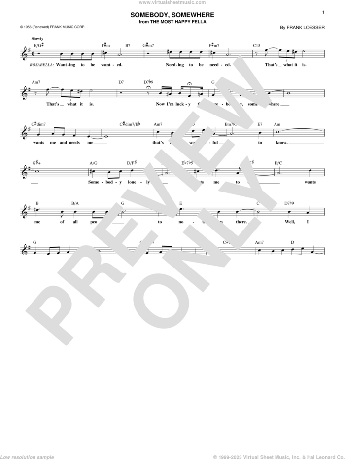 Somebody, Somewhere (from The Most Happy Fella) sheet music for voice and other instruments (fake book) by Frank Loesser, classical score, intermediate skill level