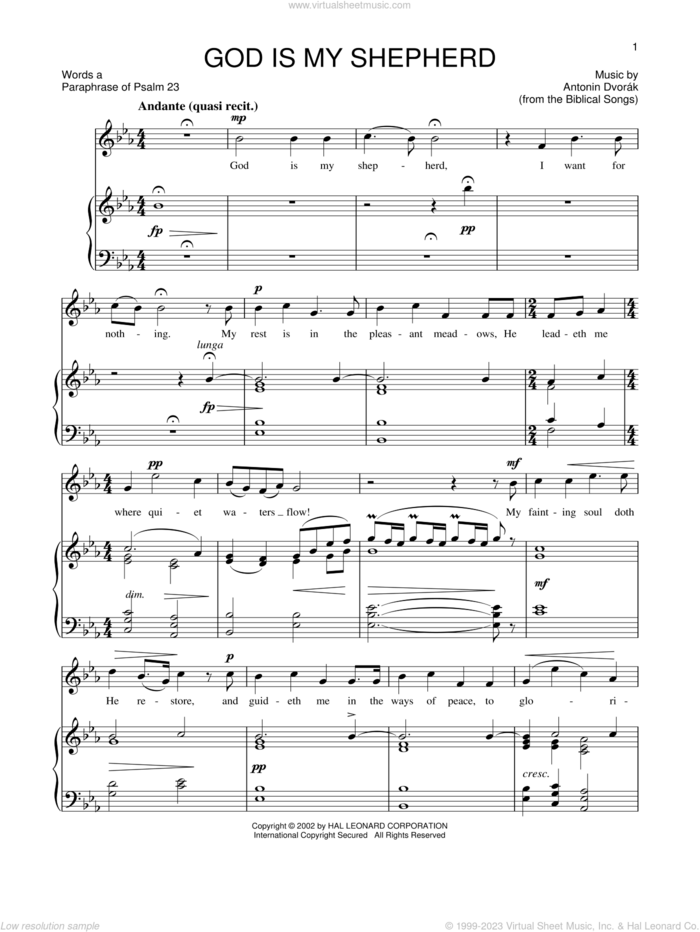 God Is My Shepherd sheet music for voice and piano (High Voice) by Antonin Dvorak, classical score, intermediate skill level