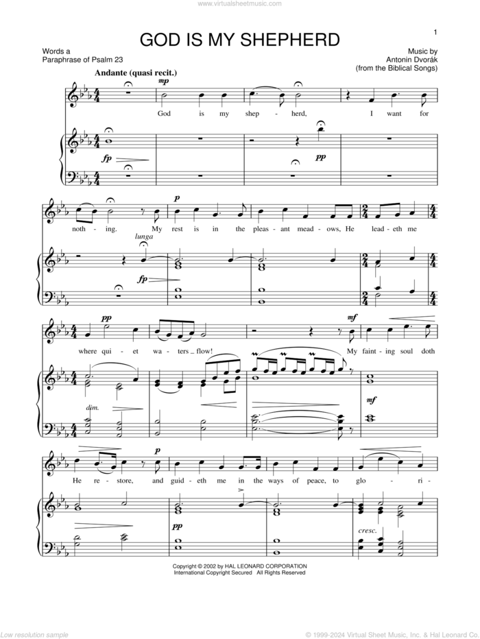 God Is My Shepherd sheet music for voice and piano (High Voice) by Antonin Dvorak, classical score, intermediate skill level