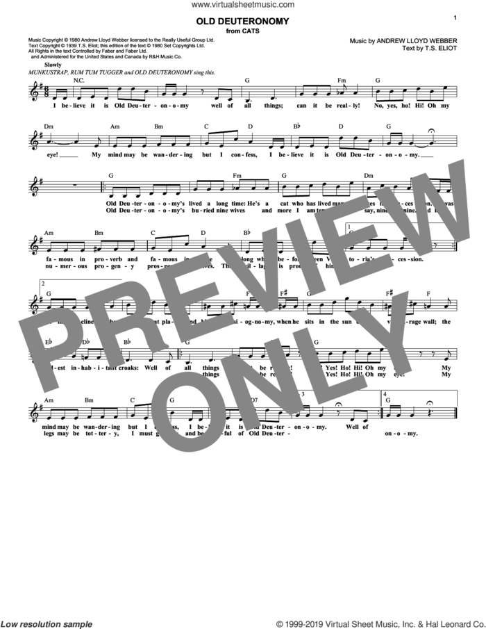 Old Deuteronomy (from Cats) sheet music for voice and other instruments (fake book) by Andrew Lloyd Webber and T.S. Eliot, classical score, intermediate skill level