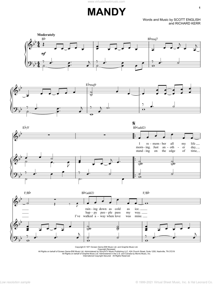 Mandy sheet music for voice and piano by Barry Manilow, Richard Kerr and Scott English, intermediate skill level