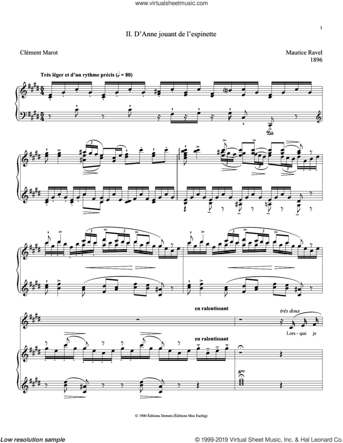 D'Anne Jouant De L'Espinette sheet music for voice and piano (High Voice) by Maurice Ravel and Clement Marot, classical score, intermediate skill level