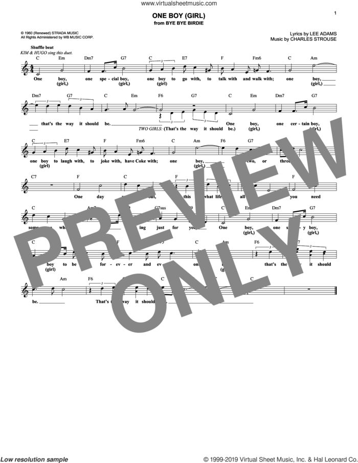 One Boy (Girl) (from Bye Bye Birdie) sheet music for voice and other instruments (fake book) by Charles Strouse and Lee Adams, classical score, intermediate skill level