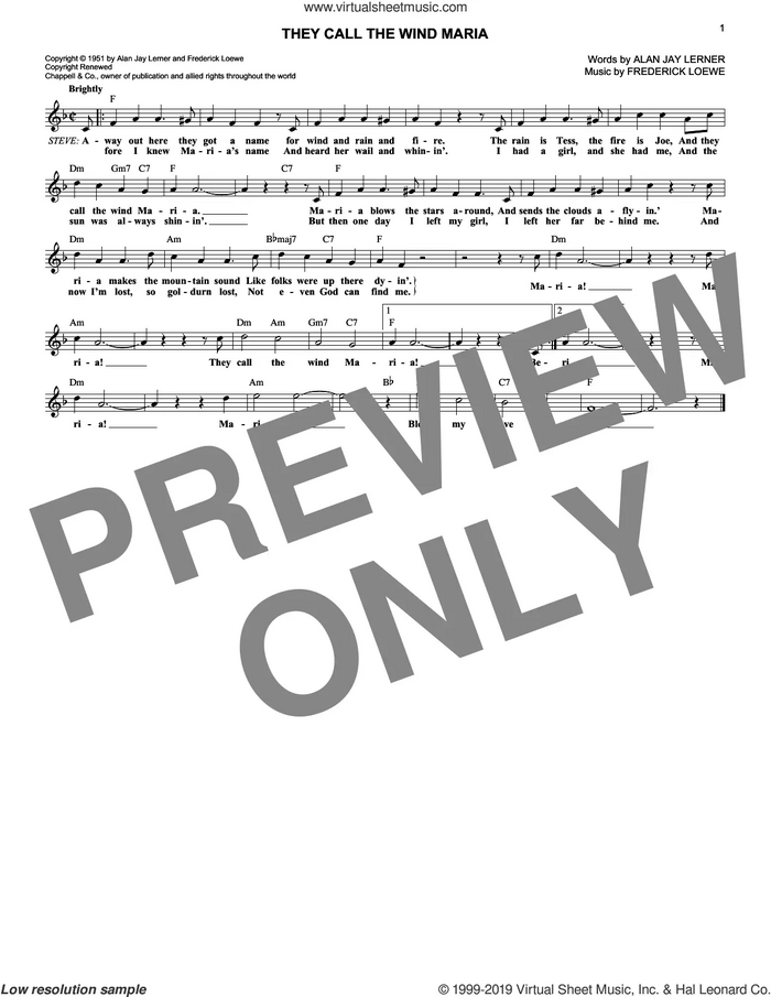 They Call The Wind Maria (from Paint Your Wagon) sheet music for voice and other instruments (fake book) by Lerner & Loewe, Alan Jay Lerner and Frederick Loewe, intermediate skill level