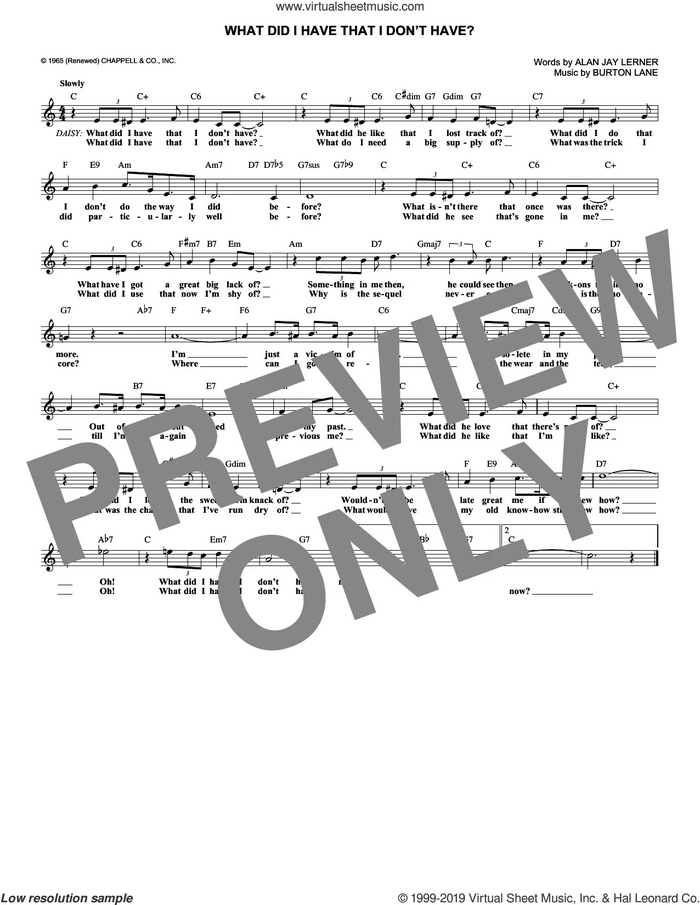 What Did I Have That I Don't Have? (from On A Clear Day You Can See Forever) sheet music for voice and other instruments (fake book) by Burton Lane and Alan Jay Lerner, intermediate skill level
