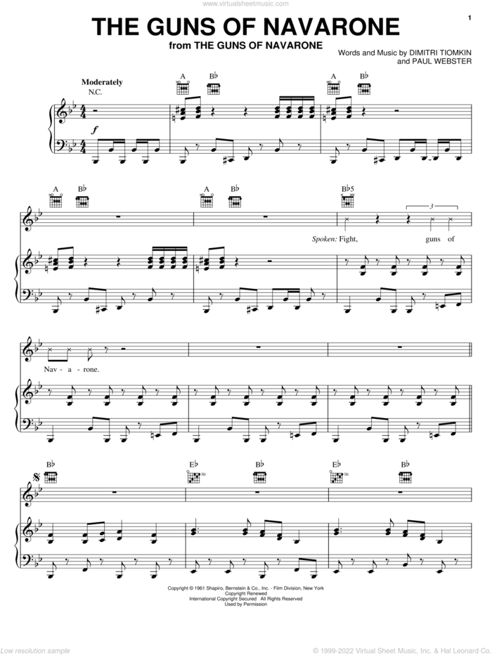The Guns Of Navarone sheet music for voice, piano or guitar by Dimitri Tiomkin and Paul Francis Webster, intermediate skill level