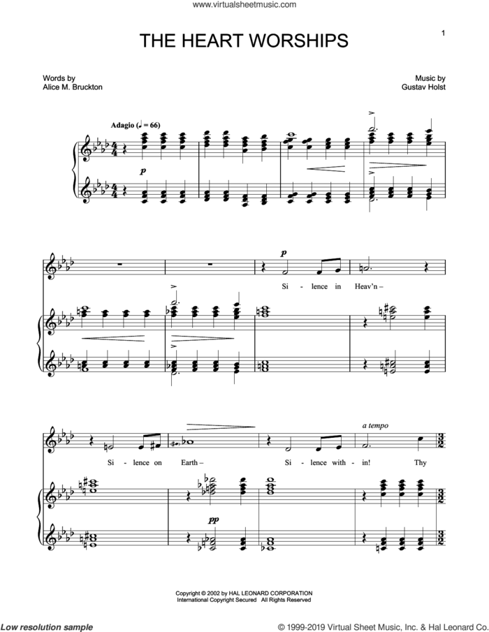 The Heart Worships sheet music for voice and piano (High Voice) by Gustav Holst, Joan Frey Boytim and Alice M. Buckton, classical score, intermediate skill level