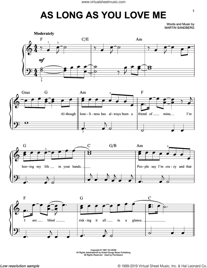 As Long As You Love Me sheet music for piano solo by Backstreet Boys and Martin Sandberg, easy skill level