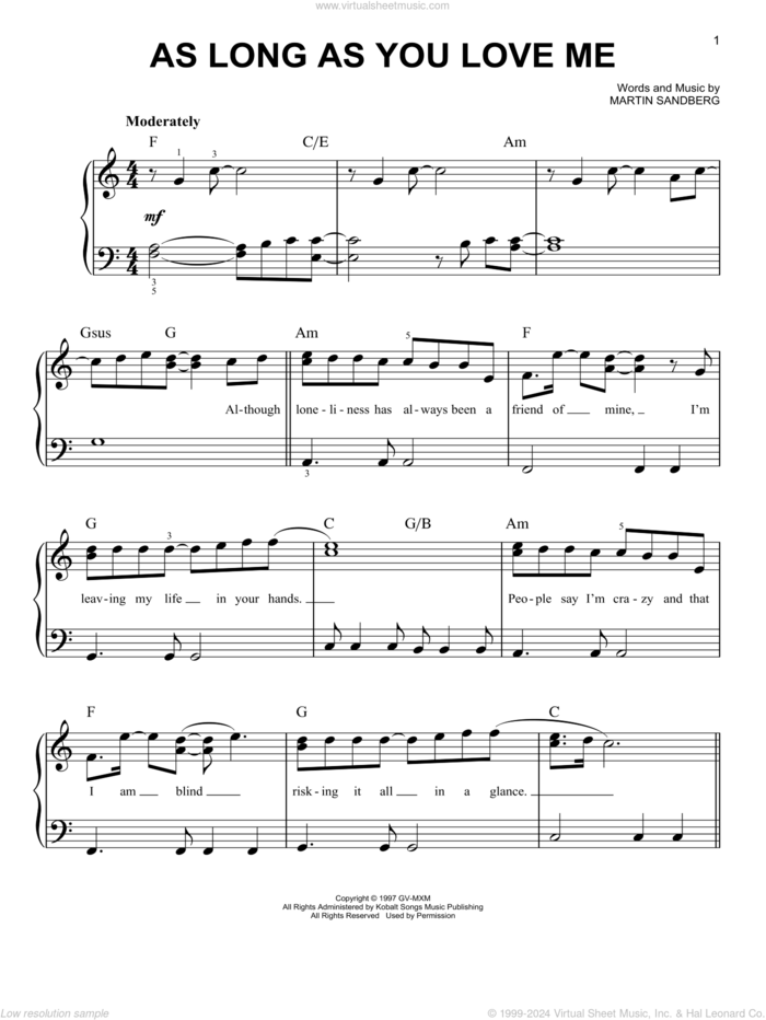 As Long As You Love Me sheet music for piano solo by Backstreet Boys and Martin Sandberg, easy skill level