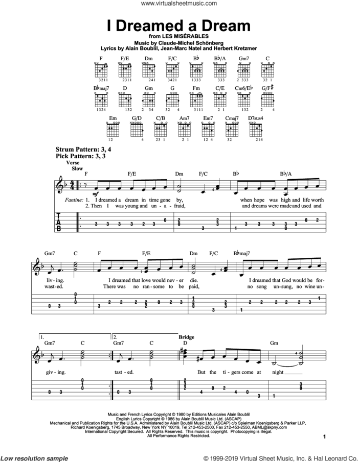 I Dreamed A Dream (from Les Miserables) sheet music for guitar solo (easy tablature) by Alain Boublil, Claude-Michel Schonberg, Herbert Kretzmer and Jean-Marc Natel, easy guitar (easy tablature)
