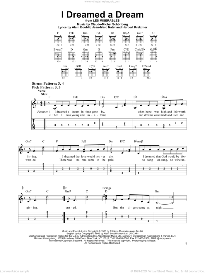 I Dreamed A Dream (from Les Miserables) sheet music for guitar solo (easy tablature) by Alain Boublil, Claude-Michel Schonberg, Herbert Kretzmer and Jean-Marc Natel, easy guitar (easy tablature)