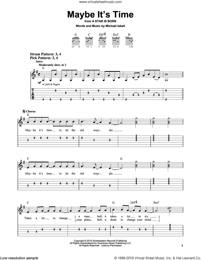 Maybe It's Time (from A Star Is Born) sheet music for guitar solo (easy tablature) by Bradley Cooper and Michael Isbell, easy guitar (easy tablature)
