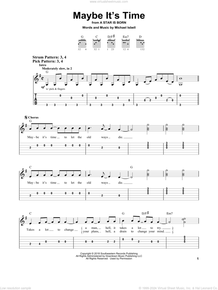 Maybe It's Time (from A Star Is Born) sheet music for guitar solo (easy tablature) by Bradley Cooper and Michael Isbell, easy guitar (easy tablature)