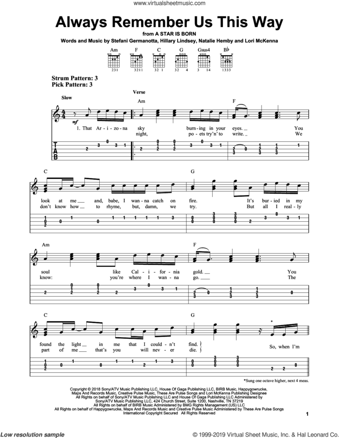 Always Remember Us This Way (from A Star Is Born) sheet music for guitar solo (easy tablature) by Lady Gaga, Hillary Lindsey, Lori McKenna and Natalie Hemby, easy guitar (easy tablature)