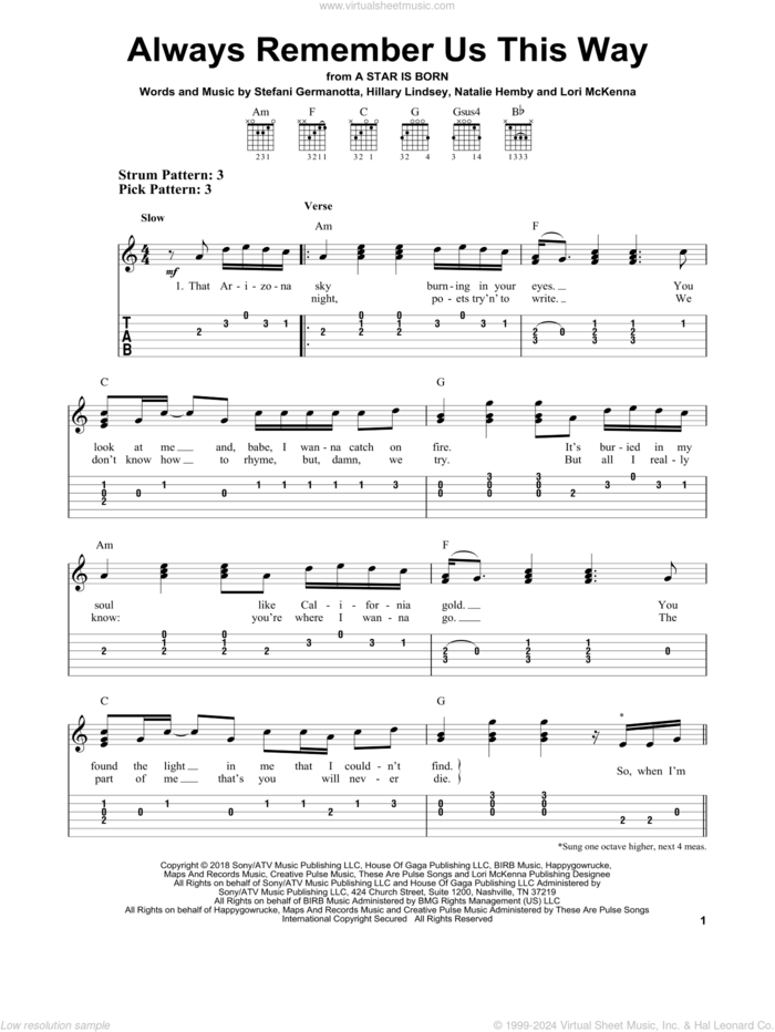 Always Remember Us This Way (from A Star Is Born) sheet music for guitar solo (easy tablature) by Lady Gaga, Hillary Lindsey, Lori McKenna and Natalie Hemby, easy guitar (easy tablature)