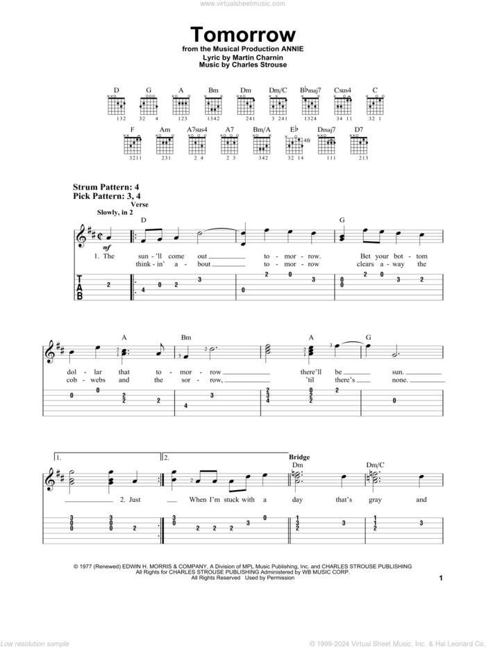 Tomorrow (from Annie) sheet music for guitar solo (easy tablature) by Charles Strouse and Martin Charnin, easy guitar (easy tablature)