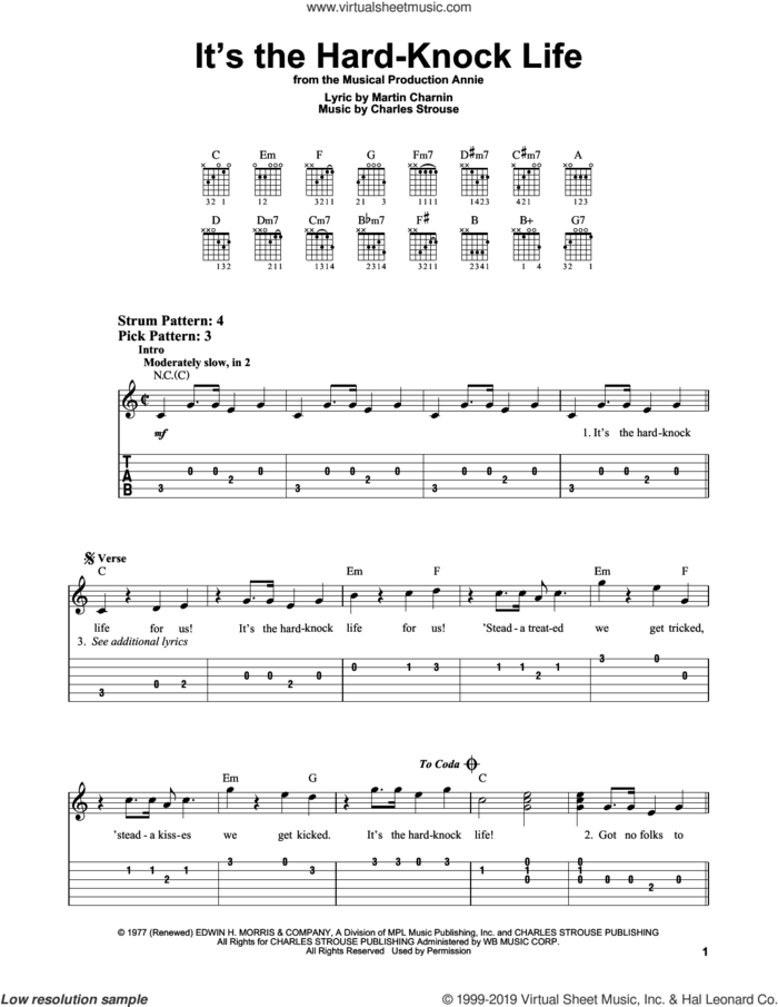 It's The Hard-Knock Life (from Annie) sheet music for guitar solo (easy tablature) by Charles Strouse and Martin Charnin, easy guitar (easy tablature)