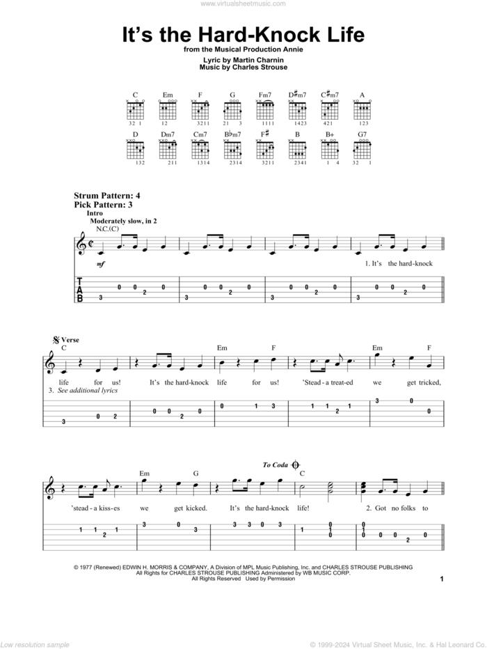 It's The Hard-Knock Life (from Annie) sheet music for guitar solo (easy tablature) by Charles Strouse and Martin Charnin, easy guitar (easy tablature)