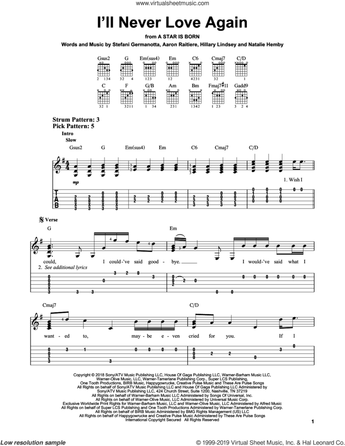 I'll Never Love Again (from A Star Is Born) sheet music for guitar solo (easy tablature) by Lady Gaga, Aaron Raitiere, Hillary Lindsey and Natalie Hemby, easy guitar (easy tablature)