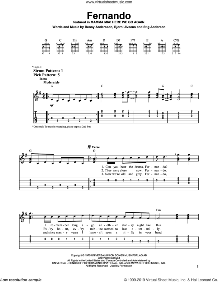 Fernando (from Mamma Mia! Here We Go Again) sheet music for guitar solo (easy tablature) by ABBA, Benny Andersson, Bjorn Ulvaeus and Stig Anderson, easy guitar (easy tablature)