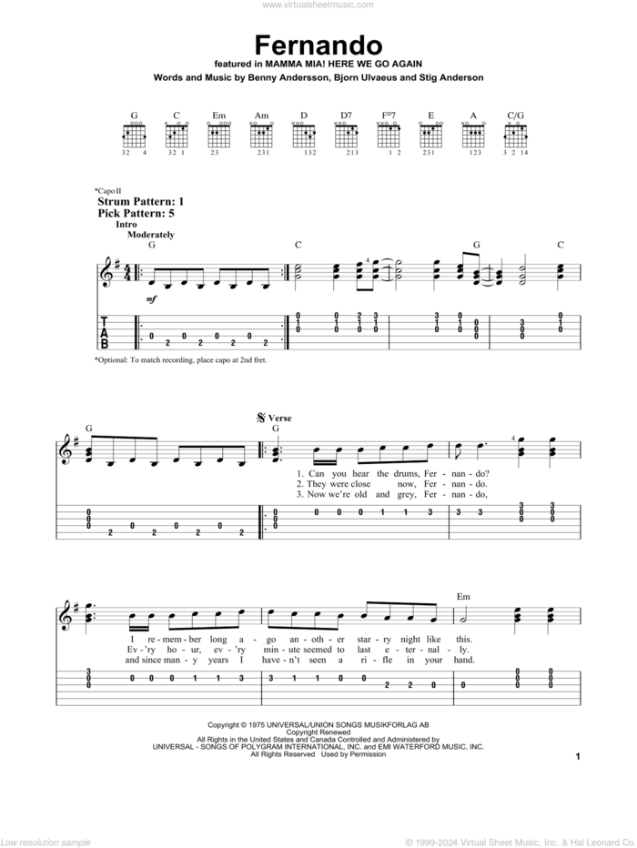 Fernando (from Mamma Mia! Here We Go Again) sheet music for guitar solo (easy tablature) by ABBA, Benny Andersson, Bjorn Ulvaeus and Stig Anderson, easy guitar (easy tablature)