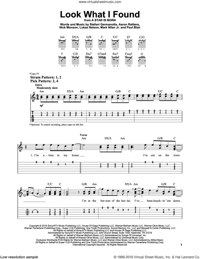 Look What I Found (from A Star Is Born) sheet music for guitar solo (easy tablature) by Lady Gaga, Aaron Raitiere, Lukas Nelson, Mark Nilan Jr., Nick Monson and Paul Blair, easy guitar (easy tablature)