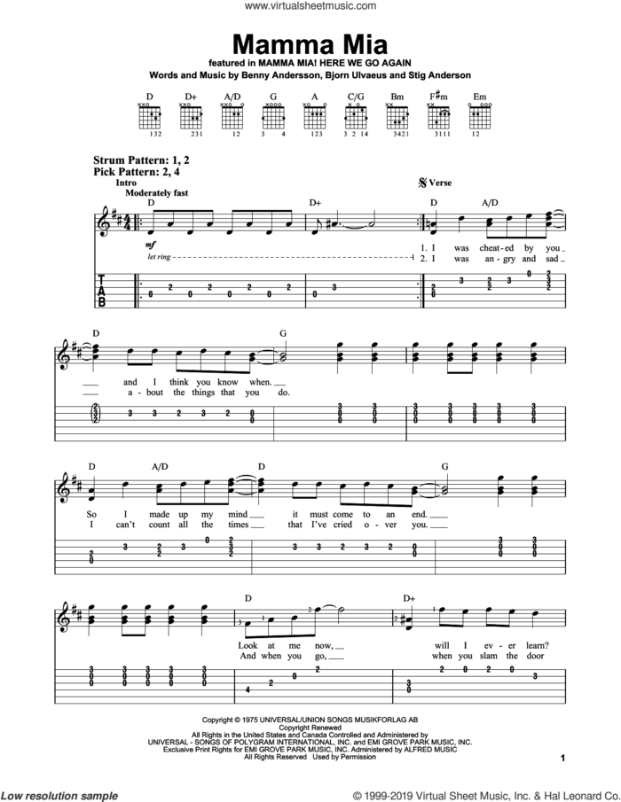 Mamma Mia (from Mamma Mia! Here We Go Again) sheet music for guitar solo (easy tablature) by ABBA, Benny Andersson, Bjorn Ulvaeus and Stig Anderson, easy guitar (easy tablature)