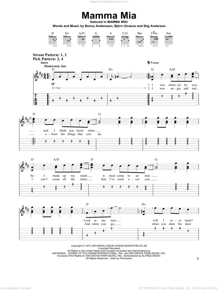 Mamma Mia (from Mamma Mia! Here We Go Again) sheet music for guitar solo (easy tablature) by ABBA, Benny Andersson, Bjorn Ulvaeus and Stig Anderson, easy guitar (easy tablature)