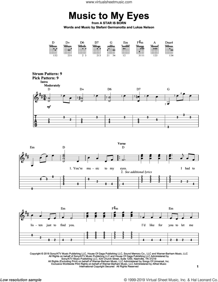 Music To My Eyes (from A Star Is Born) sheet music for guitar solo (easy tablature) by Lady Gaga & Bradley Cooper, Bradley Cooper, Lady Gaga and Lukas Nelson, easy guitar (easy tablature)