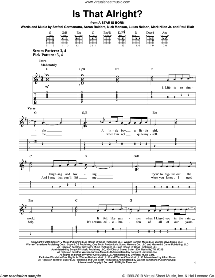 Is That Alright? (from A Star Is Born) sheet music for guitar solo (easy tablature) by Lady Gaga, Aaron Raitiere, Lukas Nelson, Mark Nilan Jr., Nick Monson and Paul Blair, easy guitar (easy tablature)