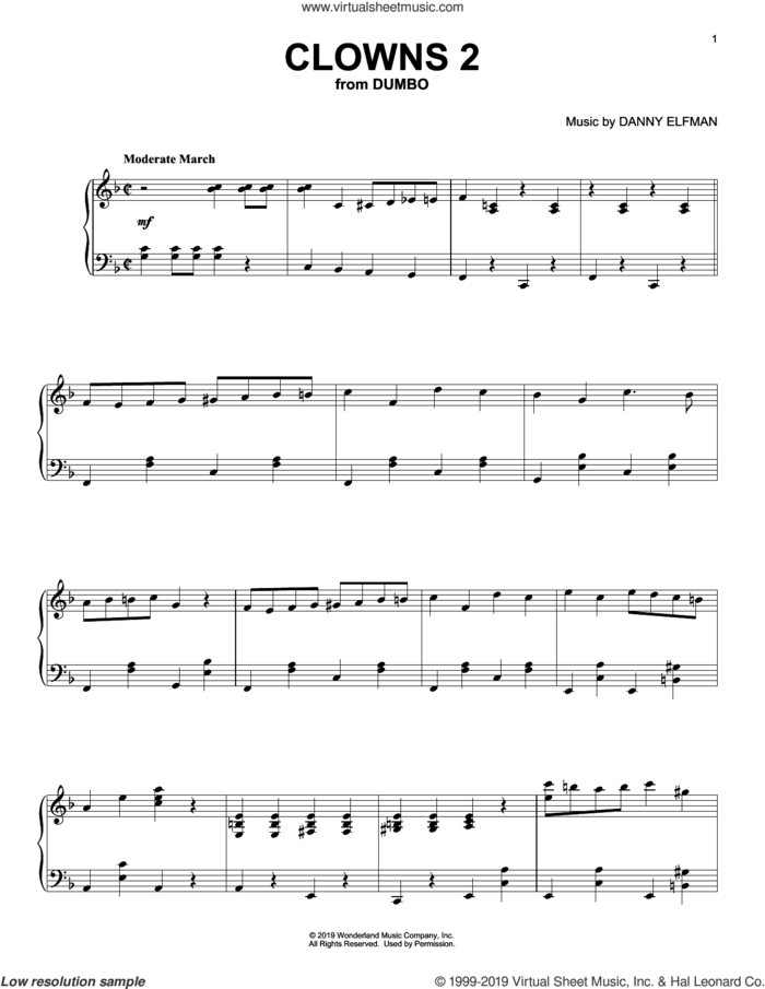 Clowns 2 (from the Motion Picture Dumbo) sheet music for piano solo by Danny Elfman, intermediate skill level