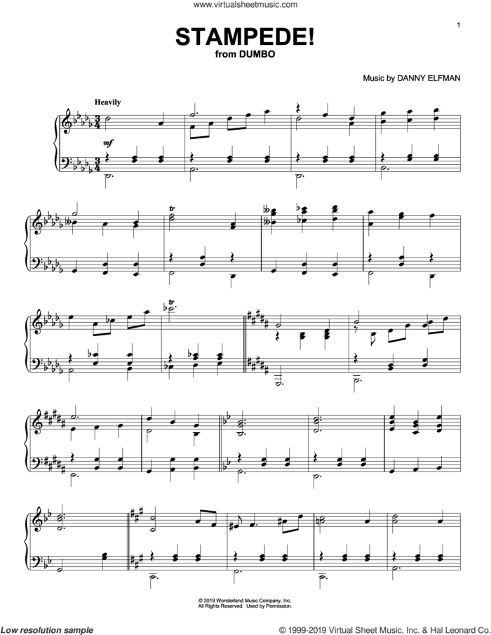 Stampede! (from the Motion Picture Dumbo) sheet music for piano solo by Danny Elfman, intermediate skill level